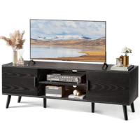 TV Stand for 55 Inch TV Console Table Home Furniture for Living Room Bedroom Cord Holes 2 Cabinets Solid Wood Feet Cabinet