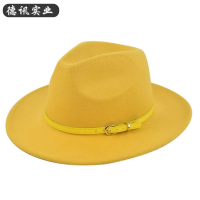ข้ามพรมแดนย้อนยุค Fedora หมวกเข็มขัดสีเหลืองหมวกทำด้วยผ้าขนสัตว์หมวกคาวบอยย้อนยุคขนสัตว์เหมือนรู้สึกหมวกชายคาแบนหมวก,Kk-001