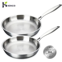 Konco 28/30cm Frying Pan 304 Stainless Steel Woks Non-stick Frying Pot Cooking Wok Flat Frying Pan Induction Gas Cookware