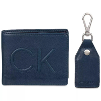 【Calvin Klein 凱文克萊】2023男時尚CK標深藍色皮夾鑰匙組-網