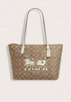 COACH Coach Zip Top Tote In Signature Canvas With Horse And Sleigh Khaki Chalk
