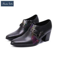 British High Heel Men Cow Leather Shoes Fashion Printing Monk Strap Banquet Shoes Men Business Office Zipper Elevator Shoes
