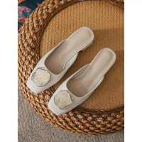 2025 French Style New Genuine Soft Leather Half-Cup Single Shoes Closed-Toe Outdoor Slippers for Wom