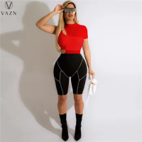 VAZN 2022 New High Street Young Sexy See Through Lace One Off Shoulder Short Sleeve +Short Pants Skinny Women 2 Piece Sets