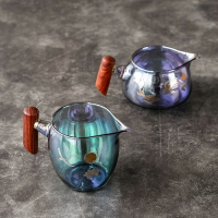 炫彩加厚耐熱玻璃公道杯實木側把茶海功夫茶具分茶器木柄公杯茶濾