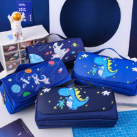 Cartoon Boy's Pencil Cases Space Astronaut Dinosaur Stationery Box Three Layer Capacity Waterproof Pen Bag School Supplies