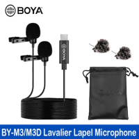 BOYA BY-M3D Microphone Dual Head Lavalier Lapel Condensador Microfone Mic with 6 Meters Cable Compatible with Type-C Interface