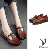 【Vecchio】真皮跟鞋 粗跟跟鞋/全真皮頭層牛皮復古擦色方頭T字帶粗跟鞋(棕)