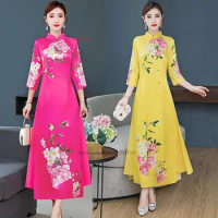 2024 vietnam aodai dress traditional chinese improved qipao national flower print cheongsam dress vintage evening dress vestido