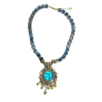 Retro vintage สีสัน Moen face moon star สร้อยคอลูกปัดหญิง niche บุคลิกภาพการออกแบบ clavicle chain  ค