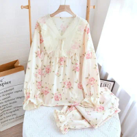 2024 Peony Crepe Cute Sweet Pajama Set for Women's Soft Comfortable Breathable Home Clothes Long Sleeves Trousers Sleepwear