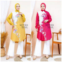 New Metrosoul Tunik Kancing Floela Kemeja Pink Fushia Kuning Lime Print Bunga Silky