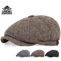 Topi Tukang Koran Musim Gugur Vintage Herringbone Octagon Cap Wanita Kasual Stripe Baret Dewasa Flat