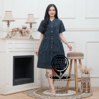 Dress Jeans korea Kancing Busui Warna Hitam polos Lengan pendek Midi