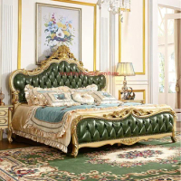 180cm Bed Frame Queen Europe Home Furniture Solid Wood Bed Frames Luxury Golden Engraved Bed W/ Bedside Table Bedroom Furniture