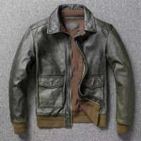 Top Layer Cowhide Leather Jacket A2 Air Force Flight Suit Men's Retro Old Leather Jacket Slim Fit Short Lapel Jacket