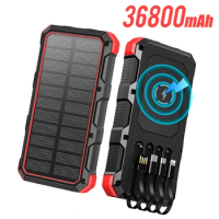 36800mAh Solar Power Bank with 4 Cables LED Light Fast Qi Wireless Charger Powerbank for iPhone 14 Samsung S22 Xiaomi Poverbank