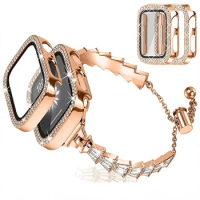 Metal Diamond Strap+Glass Case For Apple Watch 45mm 44mm 42mm 41mm 40mm38mm Women Bracelet Wristband For iWatch 9 8 7 6 5 4 3 SE