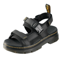【Dr.Martens】馬汀 FORSTER 側邊T字皮革寬織帶厚底運動涼鞋 黑 夏季真皮馬丁休閒鞋 男女26471001