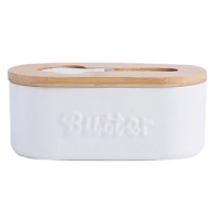 Butter Box Ceramic Butter Dish with Knife Cheese Food Container Butter Tray Dish Sealing Wood Plate Storage Box A