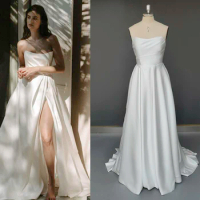Strapless Satin Minimal Wedding Dress Wrap Custom Made Plus Size Sexy High Thigh Split Ivory Luxe Ruched A Line Bridal Gowns