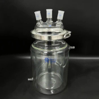 Double-layer cylindrical flat bottom open reactor bottle 5000mL,200mm flange,Stainless clip,Cover with three ground mouth 24/40