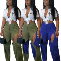 Biker Unisex Style Women Lines Splicing Hollow Out Design Casual Pants Spice Girls Fashionable Wear Loose Pants Summer Autumn