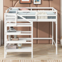 Full Size Loft Bed with Built-in Storage Staircase and Hanger for Clothes, Maximized Space,White