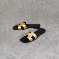 Hermès Sandal HERMES ORAN METALLIC GOLD BLACK SANDAL 100% ORIGINAL