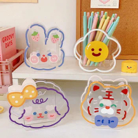 Kawaii Cartoon Acrylic Pen Holder Desktop Organizer Transparent Bunny Bear Tiger Office Stationery Cosmetics Storage Box
