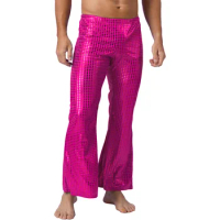 Mens Elastic Waistband Flared Pants Shiny Sequins Long Pants DJ Party Trousers Disco Jazz Dance Performance Costumes