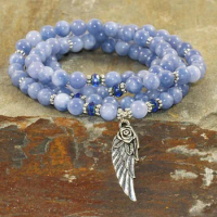 108 Angelite Mala Beads Throat Chakra Crystals Yoga Bracelet Chakra Crystals Yoga Necklace