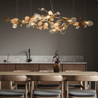 Luxury Vintage Brass Glass leaf Chandelier ceiling LED Kitchen lsland Copper Hanging lights Home decor Dining room fixtures