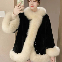 Faux Fur Cape Coat for Women Winter Mid-Length Mink Fur Coat Thickened Rabbit Fur Shawl