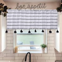 Boho Hitam dan Putih Berjalur Rumbai Kelambu Dapur untuk Tingkap, Kapas Moden Linen Rumah Ladang Rod