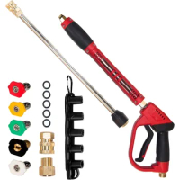 Hourleey Pressure Washer Gun, Red High Power Washer Gun with Replacement Wand Extension, 5 Nozzle Tips, M22 Fittings, 40 Inch