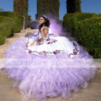 Light Purple Quinceanera Dresses For Mexican Girls Strapless Embroidery Ruffle Sweet 16 Dress Vestidos De 15 Quinceañera