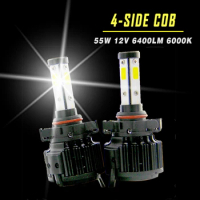 SHUOKE 4 Side H4 LED Headlight Bulb 12V 55W COB Chips 6000K H7 H11 9006 9005 Car Light Accessories Head Lamp with Fan