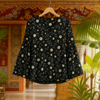 Daisy Print Women Bell Sleeve Blouse - Breathable Wrinkle-Resistant Daily Casual Loose Blouse
