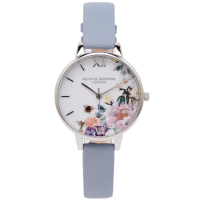 【Olivia Burton】花樣年華風采皮革手錶-白面X粉藍色/34mm(OB16EG114)
