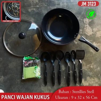 Wajan Penggorengan Wokpan Kukus Set Enamel Tutup Kaca Anti Lengket Saringan Panci Gagang Cookware 11
