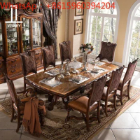 European-style solid wood dining table, American carved large-size dining room marble dining table and chair