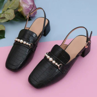 Woman 3cm High Heels Mules Pumps Fenty Beauty New Buckle Strap Pearl Chain Lady Leisure Square Toe Thick Heels Shoes Large Size
