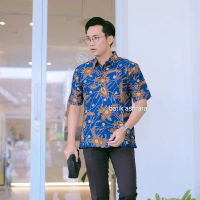 Batik Asmara KEMBANG BIRU Kemeja Pria Lengan Pendek Katun Baju
