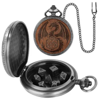 Retro Wooden Engraved Dragon Alloy Pocket Watch Case with Entertament Game Dices Pocket Chain Souvenir Gift