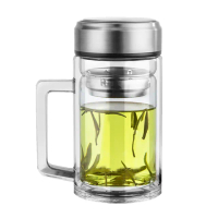 【AHOYE】商務型雙層加厚玻璃泡茶杯 380mL 304不鏽鋼杯蓋 保溫杯