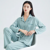Green Cotton Pajama for Women PJ Full Sleeves Homewear Pijama Mujer Invierno Fine Cotton Sleepwear 2PCS Pyjama Femme Home Cloth