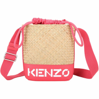 KENZO Raffia 字母拼接拉菲草編織斜背水桶包(珊瑚粉)