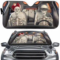 Homega Couple Skeleton Driver Auto Windshield Sunshade Blocks,Skull Universal for Windshield, Halloween Foldable Sun Shade Prote