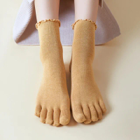 【NicoFun 愛定做】5雙 捲捲花邊五趾中筒襪 分趾襪 泡泡襪 羅紋襪 針織襪 五指襪(女襪22-24.5cm)